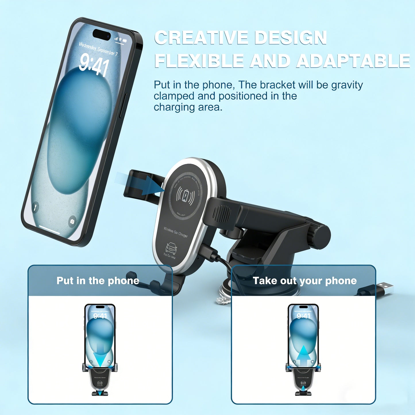 15W Qi Wireless Fast Car Charger | Smart Auto-Clamping Phone Holder & Windshield/Dashboard Mount for iPhone 16/15 & Samsung