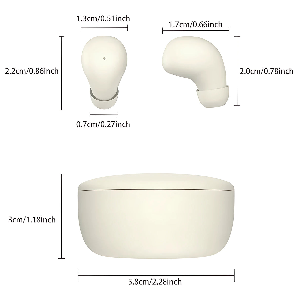 Detailed dimensions chart showing compact measurements of mini invisible sleep earbuds and round charging case.