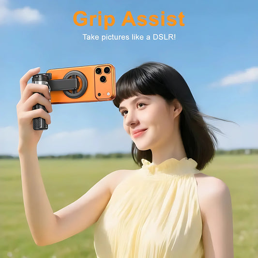 Woman holding smartphone horizontally like a DSLR camera using ergonomic magnetic camera handle grip for steady photo shooting.