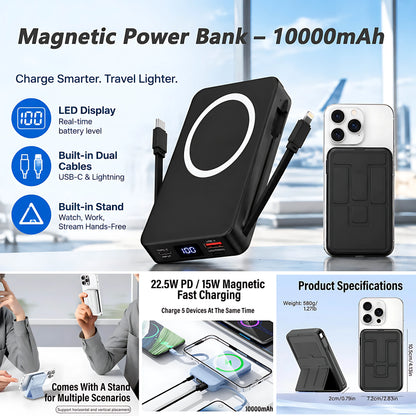 10000mAh magnetic wireless power bank with LED digital display, built-in USB-C and Lightning cables, foldable kickstand, and 22.5W fast charging capacity.