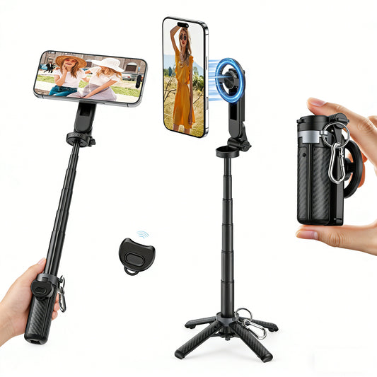 4-in-1 Magnetic Selfie Stick Tripod with Remote | 360° Rotation MagSafe Compatible Phone Stand