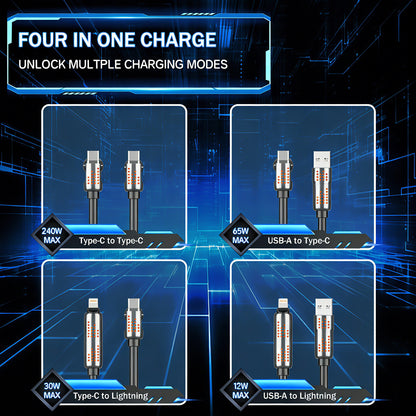 240W 4-in-1 Universal Fast Charging Cable | PD 3.1 USB-C Multi-Device Power Cord for iPhone 16/15, MacBook & iPad