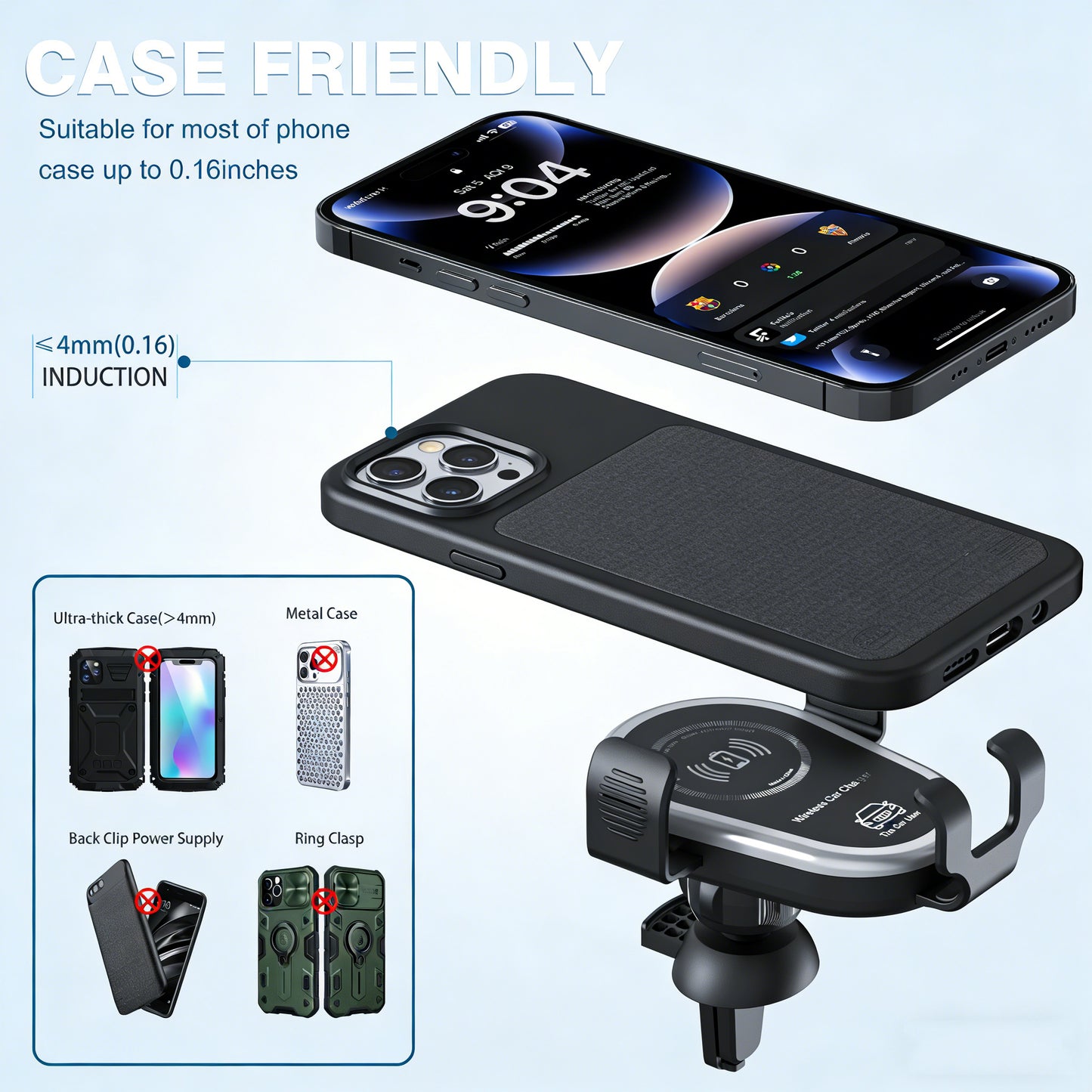 15W Qi Wireless Fast Car Charger | Smart Auto-Clamping Phone Holder & Windshield/Dashboard Mount for iPhone 16/15 & Samsung