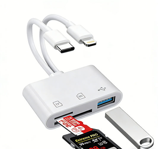 5-in-1 Universal SD Card Reader for iPhone 16/15 & Android | USB-C & Lightning Dual Plug | High-Speed Photo & File Transfer for Camera/Drone/GoPro