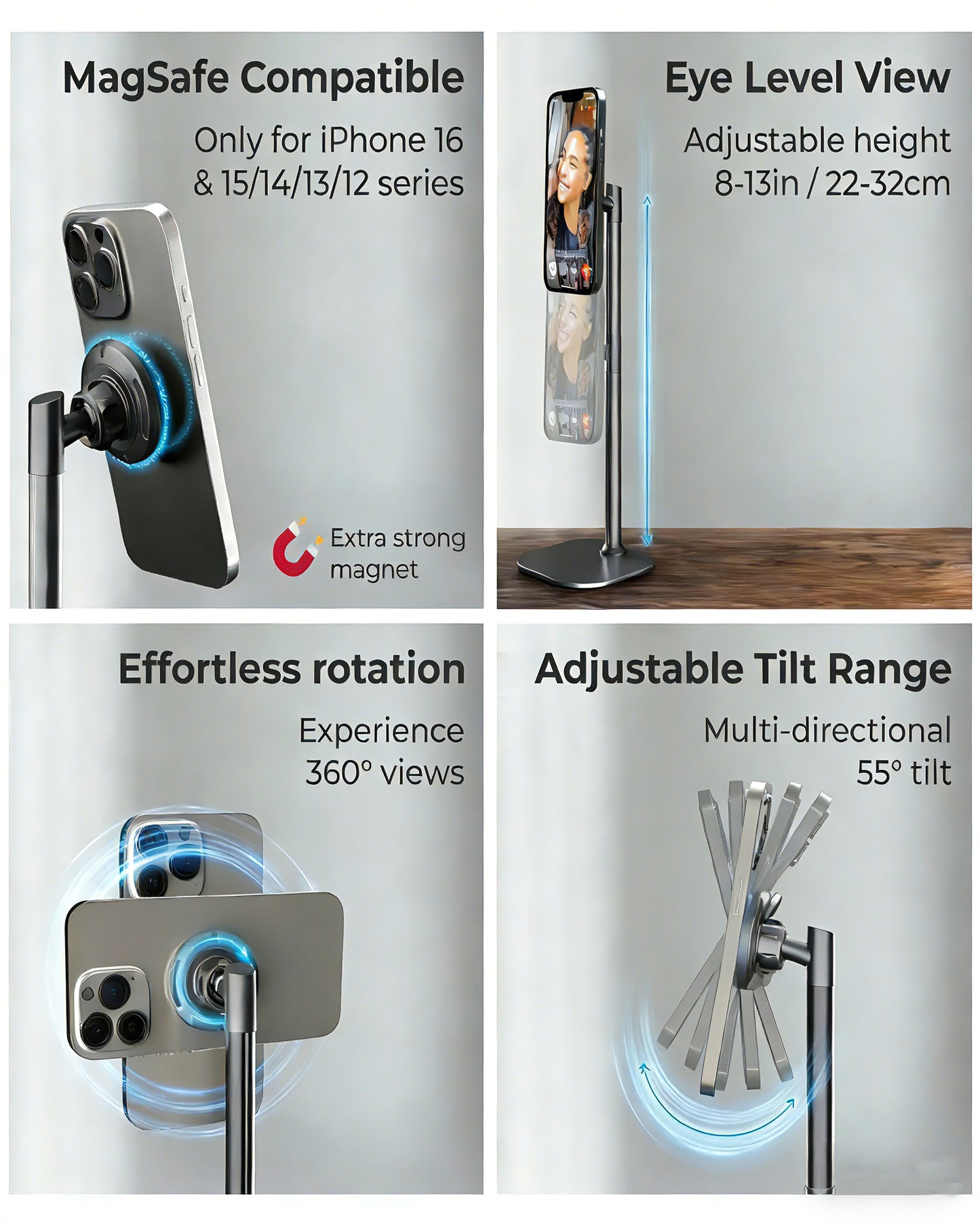 Magnetic Desktop Phone Stand for MagSafe | Height Adjustable Aluminum Mount for iPhone 16/15/14/13/12 | 360° Rotating Cradle for Desk & Bedside