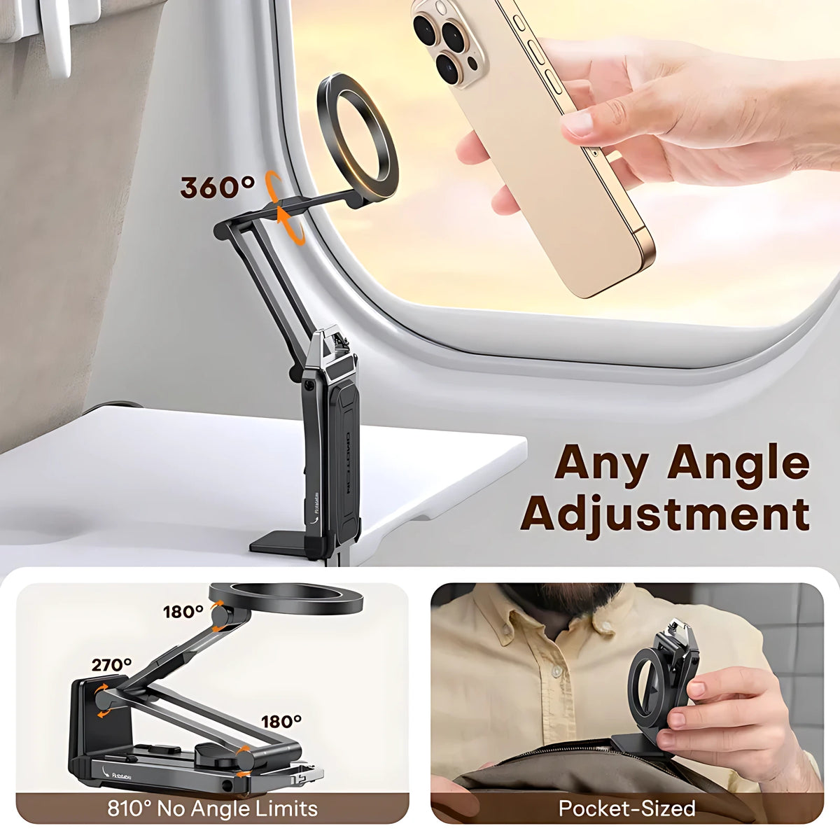 360-degree rotation foldable magnetic phone mount adjustable to any viewing angle for airplane trays and desks.