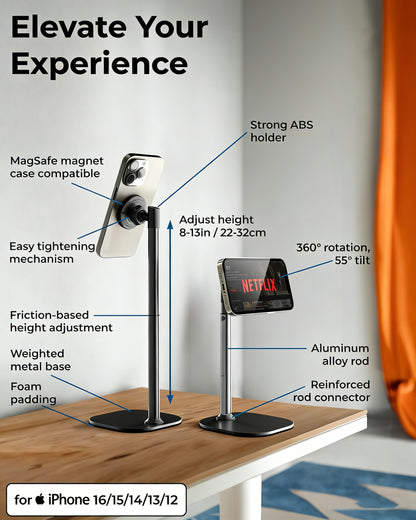 Magnetic Desktop Phone Stand for MagSafe | Height Adjustable Aluminum Mount for iPhone 16/15/14/13/12 | 360° Rotating Cradle for Desk & Bedside
