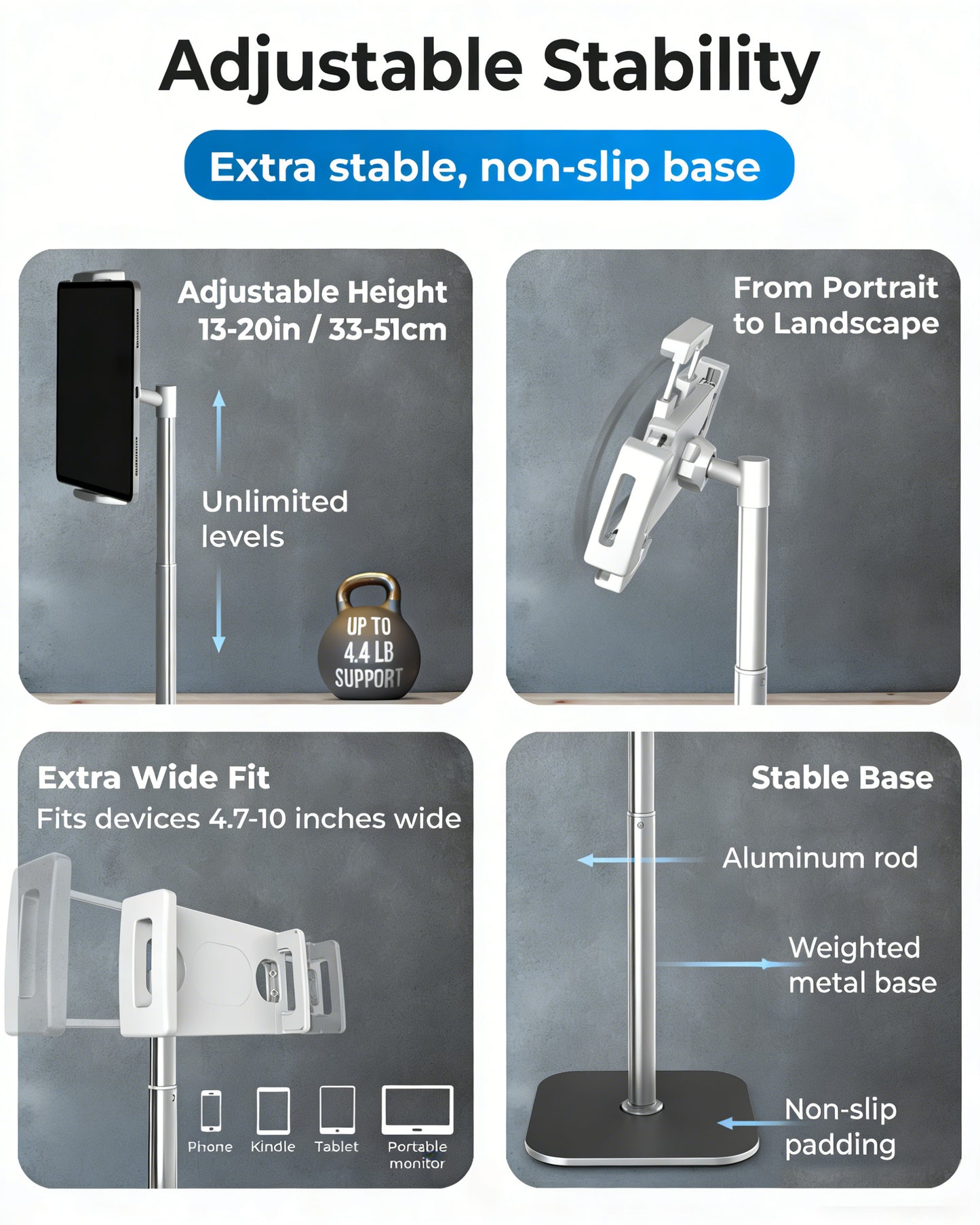 Universal Height Adjustable Tablet Stand | 360° Rotating Metal Desktop Holder for iPad Pro, Air, Mini & Surface (4.7" - 13")