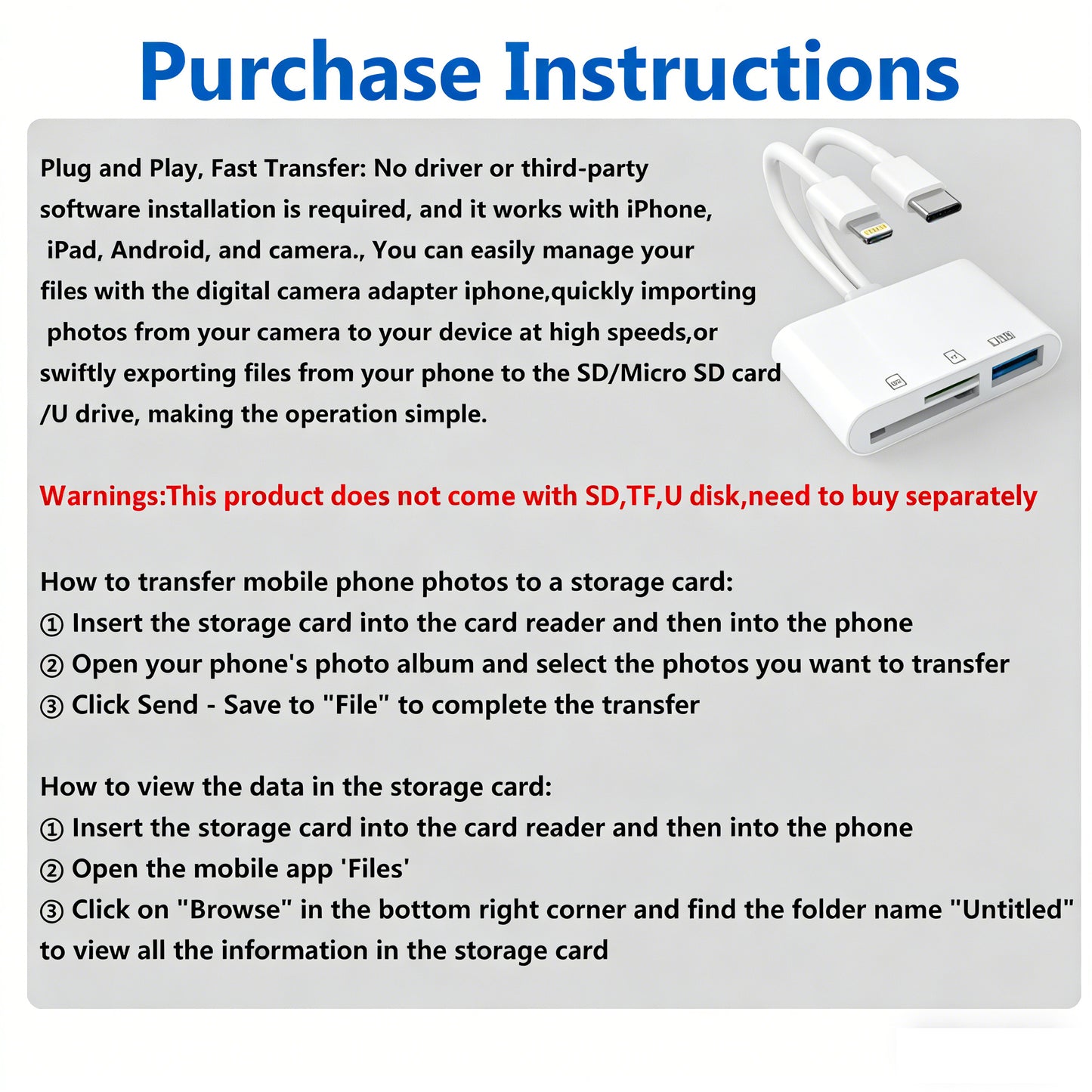 5-in-1 Universal SD Card Reader for iPhone 16/15 & Android | USB-C & Lightning Dual Plug | High-Speed Photo & File Transfer for Camera/Drone/GoPro