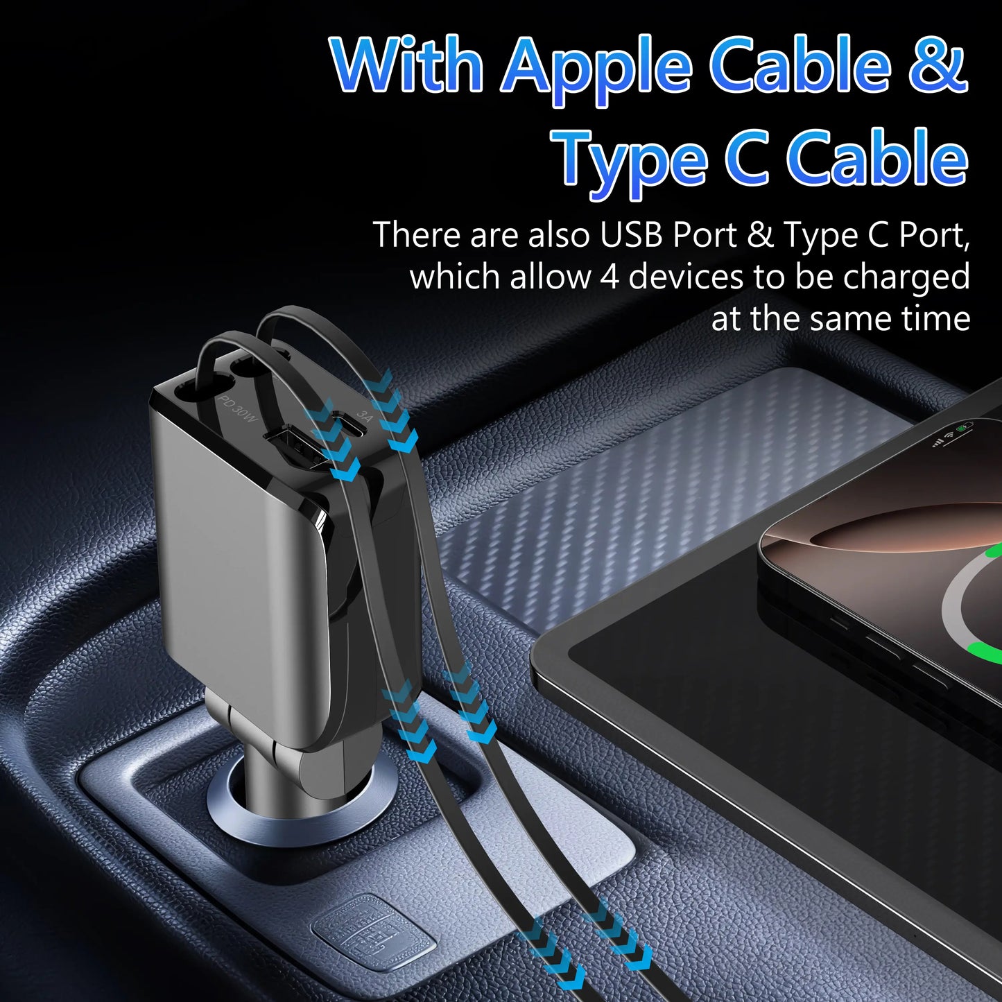 4-in-1 Retractable Car Charger | 100W Fast Charging USB-C & Lightning Adapter for iPhone 16/15, Samsung & Tablets