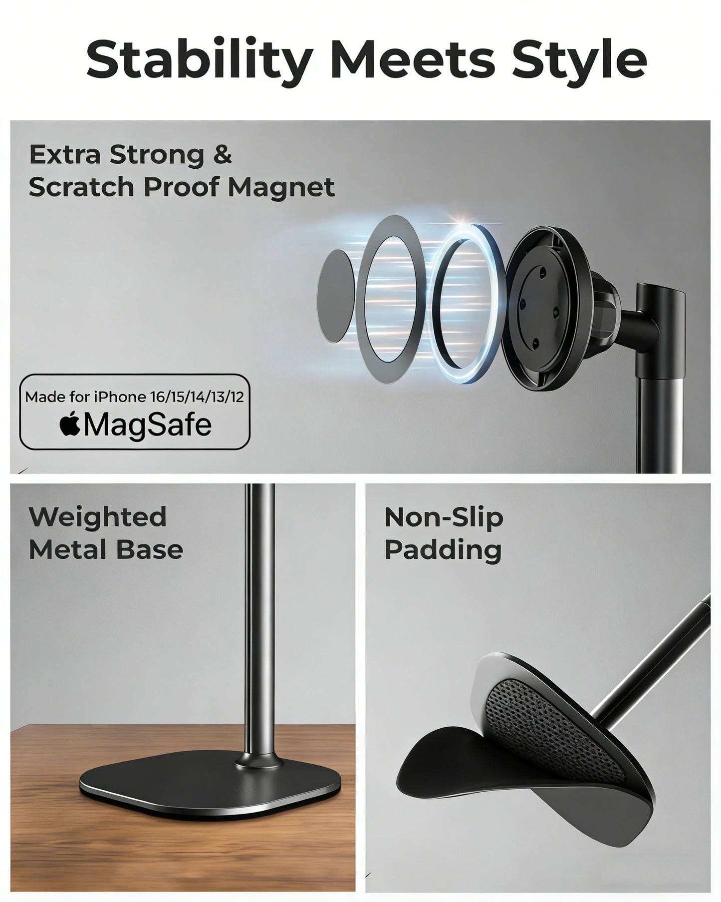Magnetic Desktop Phone Stand for MagSafe | Height Adjustable Aluminum Mount for iPhone 16/15/14/13/12 | 360° Rotating Cradle for Desk & Bedside