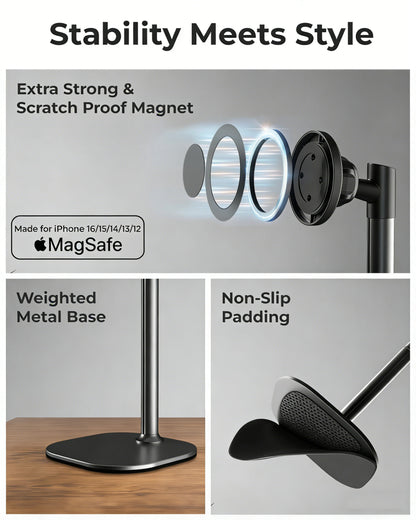 Magnetic Desktop Phone Stand for MagSafe | Height Adjustable Aluminum Mount for iPhone 16/15/14/13/12 | 360° Rotating Cradle for Desk & Bedside