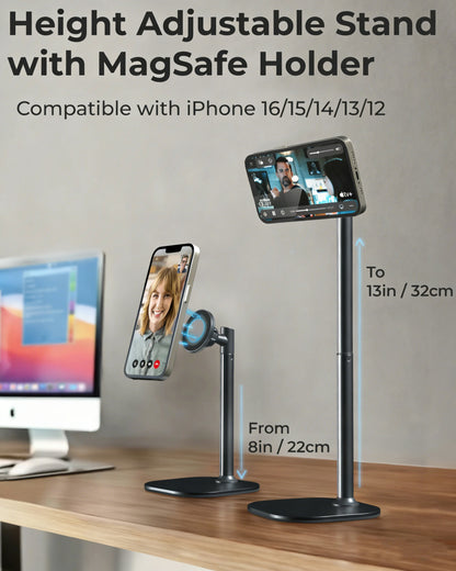 Magnetic Desktop Phone Stand for MagSafe | Height Adjustable Aluminum Mount for iPhone 16/15/14/13/12 | 360° Rotating Cradle for Desk & Bedside