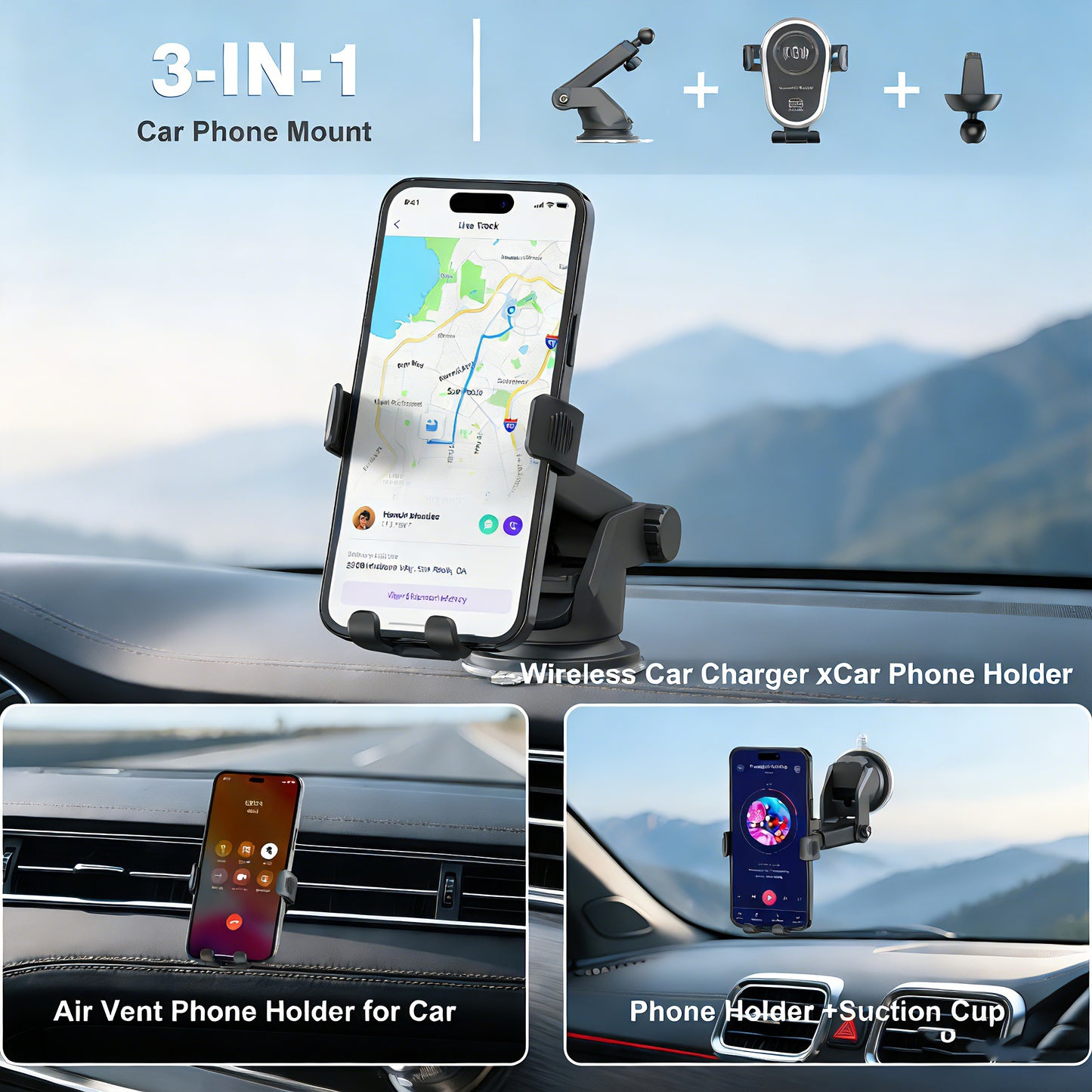 15W Qi Wireless Fast Car Charger | Smart Auto-Clamping Phone Holder & Windshield/Dashboard Mount for iPhone 16/15 & Samsung