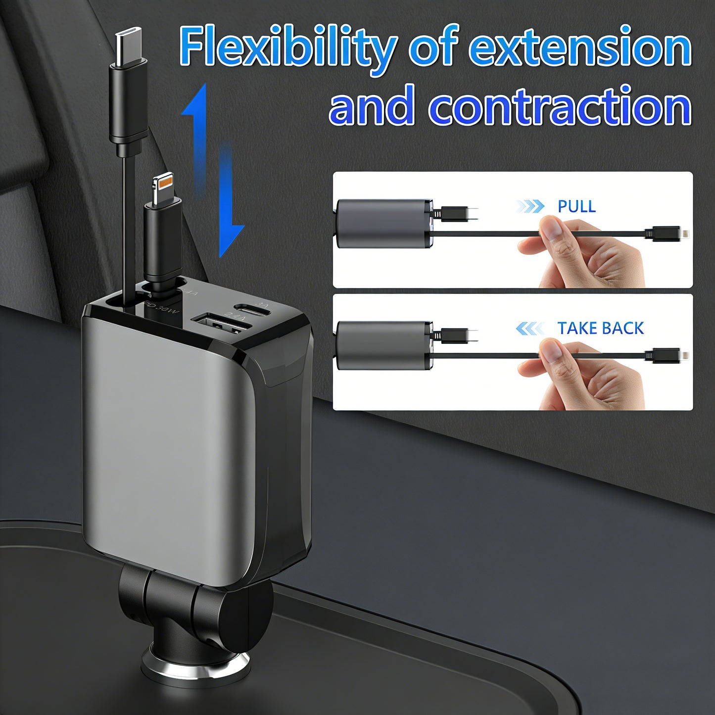 4-in-1 Retractable Car Charger | 100W Fast Charging USB-C & Lightning Adapter for iPhone 16/15, Samsung & Tablets