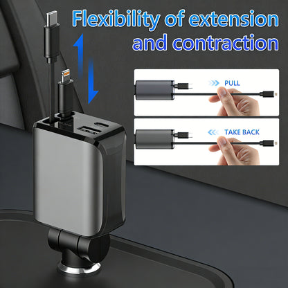 4-in-1 Retractable Car Charger | 100W Fast Charging USB-C & Lightning Adapter for iPhone 16/15, Samsung & Tablets