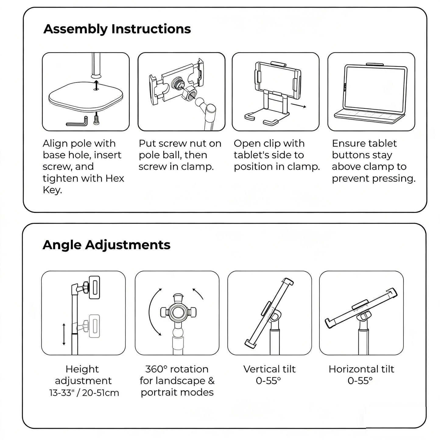 Universal Height Adjustable Tablet Stand | 360° Rotating Metal Desktop Holder for iPad Pro, Air, Mini & Surface (4.7" - 13")