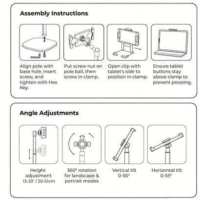 Universal Height Adjustable Tablet Stand | 360° Rotating Metal Desktop Holder for iPad Pro, Air, Mini & Surface (4.7" - 13")
