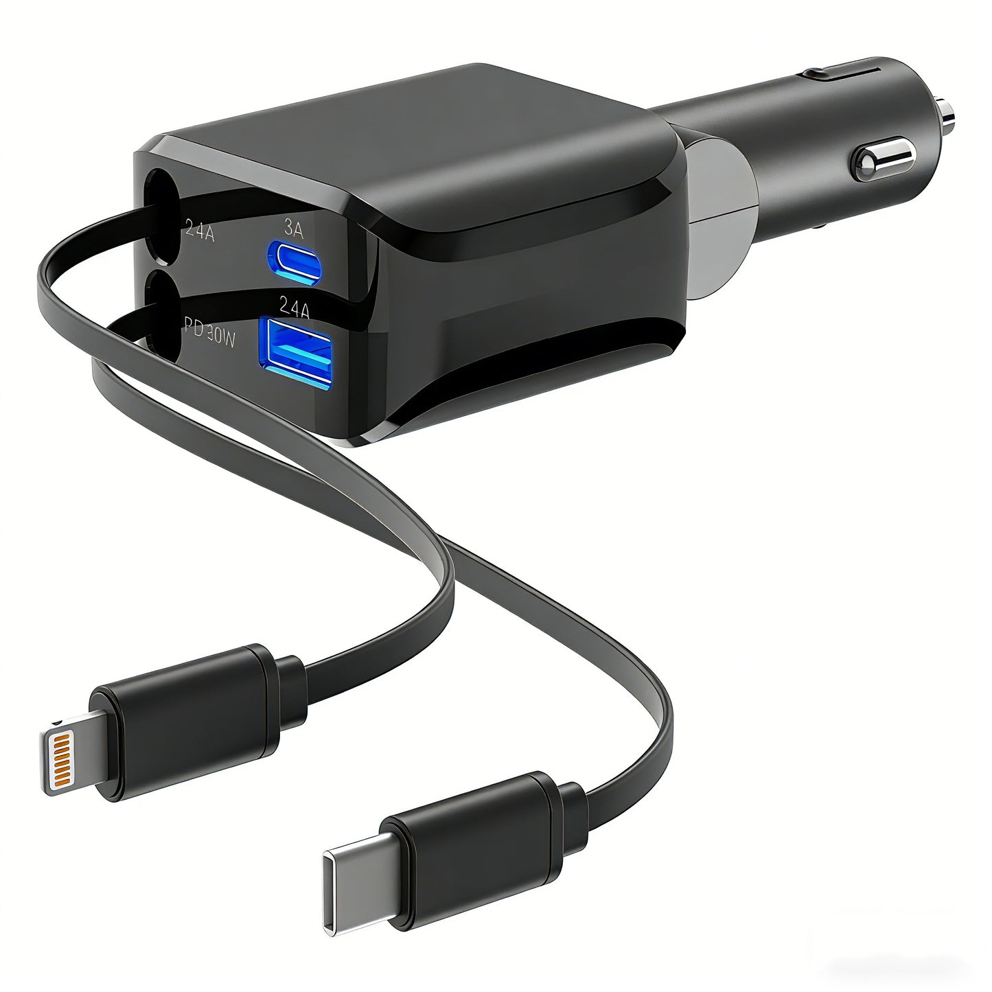 4-in-1 Retractable Car Charger | 100W Fast Charging USB-C & Lightning Adapter for iPhone 16/15, Samsung & Tablets