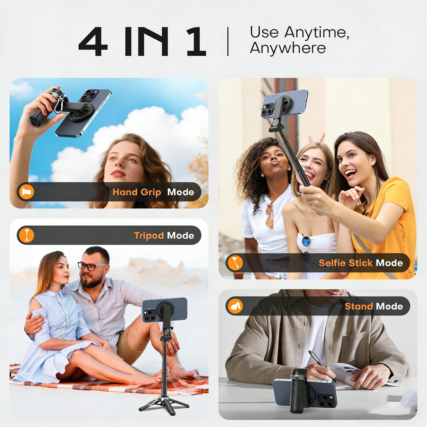 4-in-1 Magnetic Selfie Stick Tripod with Remote | 360° Rotation MagSafe Compatible Phone Stand