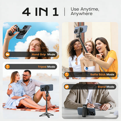 4-in-1 Magnetic Selfie Stick Tripod with Remote | 360° Rotation MagSafe Compatible Phone Stand
