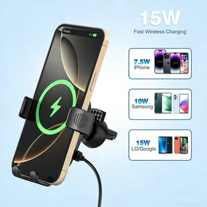 15W Qi Wireless Fast Car Charger | Smart Auto-Clamping Phone Holder & Windshield/Dashboard Mount for iPhone 16/15 & Samsung