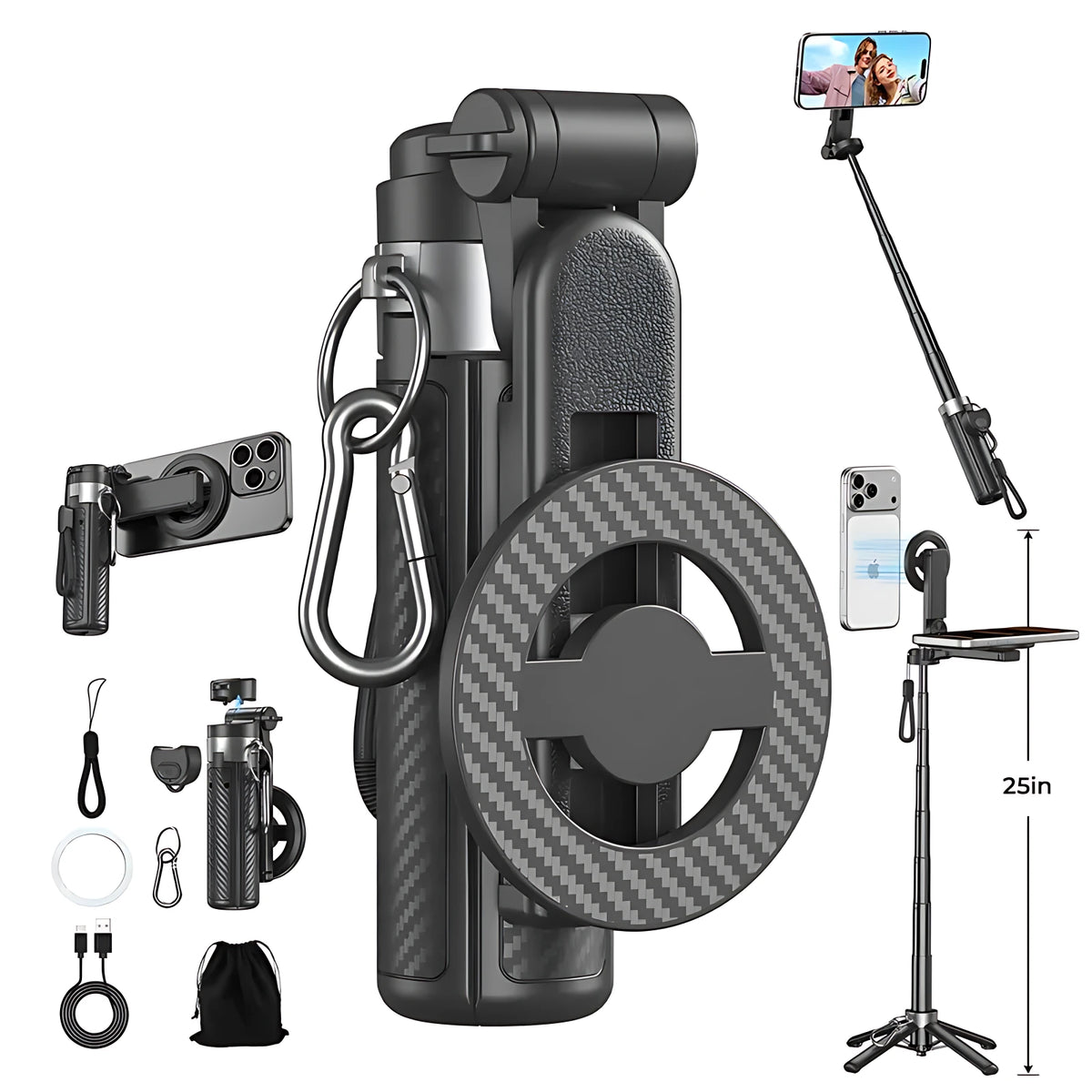 All-in-one magnetic cell phone selfie stick tripod set with Bluetooth remote and carbon fiber textured camera grip.