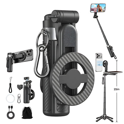 All-in-one magnetic cell phone selfie stick tripod set with Bluetooth remote and carbon fiber textured camera grip.
