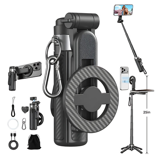 All-in-one magnetic cell phone selfie stick tripod set with Bluetooth remote and carbon fiber textured camera grip.