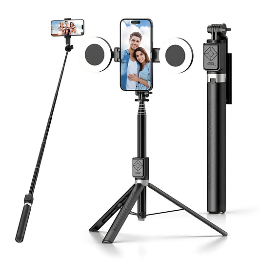 All-in-one phone selfie stick tripod featuring detachable dual fill lights and compact foldable aluminum design.