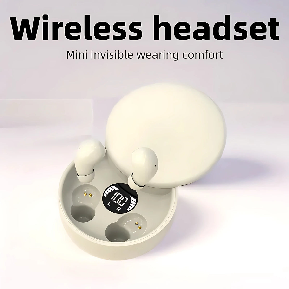 Beige mini invisible wireless earbuds inside a round charging case with LED battery display screen.
