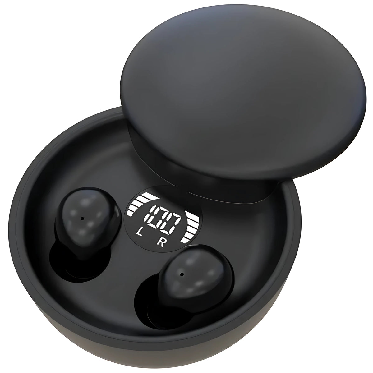 Black mini invisible wireless sleep earbuds inside a round charging case featuring digital LED power level indicator.
