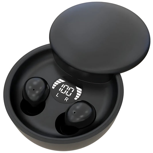 Black mini invisible wireless sleep earbuds inside a round charging case featuring digital LED power level indicator.