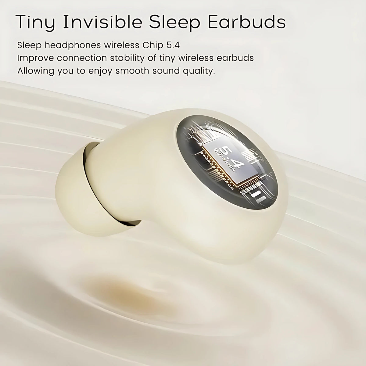Close-up internal design of tiny invisible sleep earbud showing Bluetooth 5.4 chip and acoustic structure.