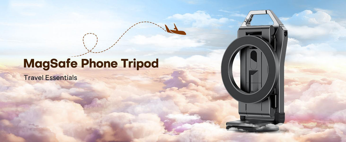 Compact MagSafe phone tripod against a sky background highlighting portable travel design for airplanes and outdoor adventures.