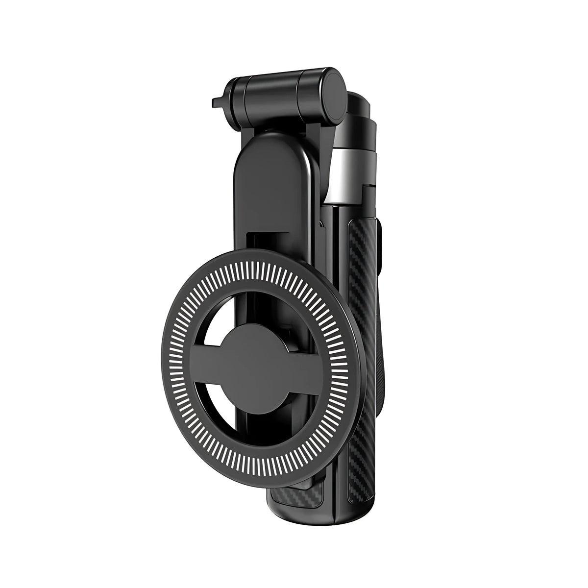 Compact folded magnetic cell phone selfie stick featuring sleek black design and integrated MagSafe ring.