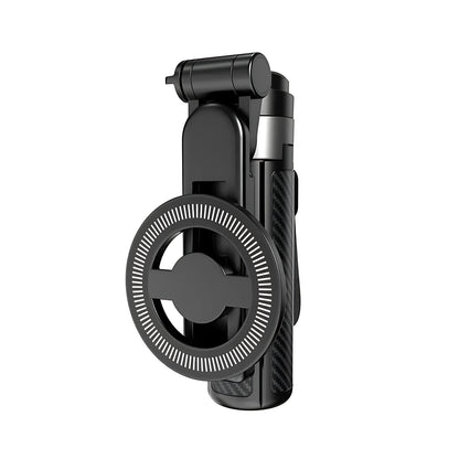 Compact folded magnetic cell phone selfie stick featuring sleek black design and integrated MagSafe ring.