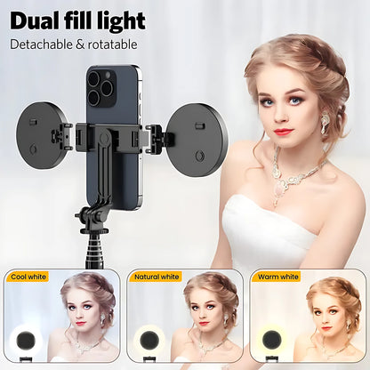 Detachable and rotatable dual LED fill lights providing adjustable lighting brightness for makeup video and live streaming.