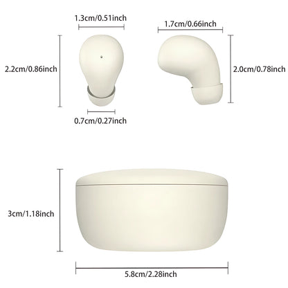 Detailed dimensions chart showing compact measurements of mini invisible sleep earbuds and round charging case.