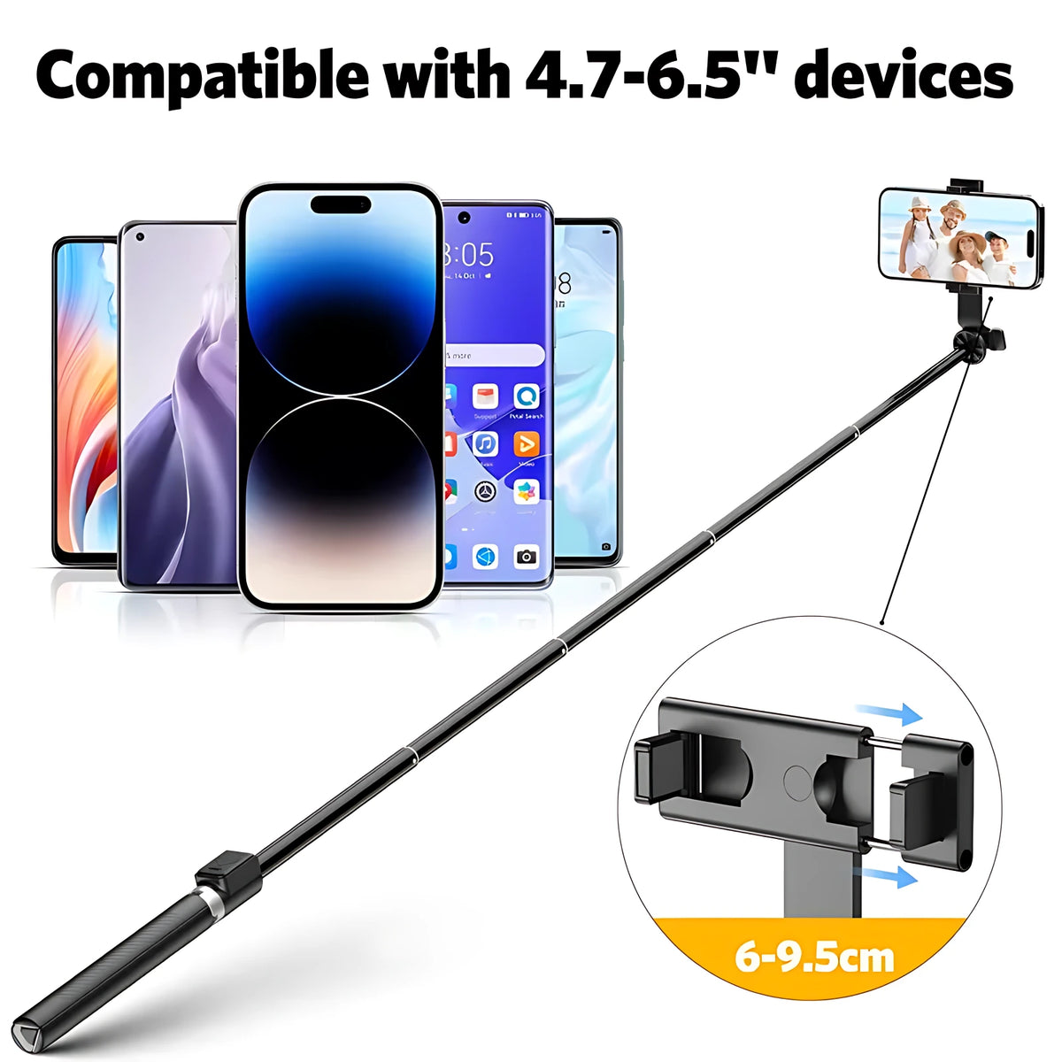 Extendable selfie stick with phone clamp holder broadly compatible with 4.7 to 6.5 inch iOS and Android smartphones.