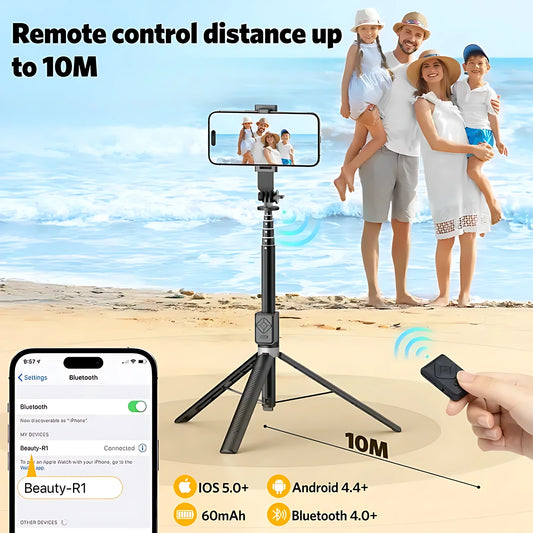 Family taking photos on beach using wireless Bluetooth remote control selfie stick tripod with 10M long-range distance.