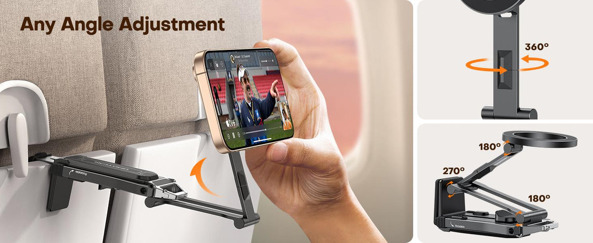 Foldable magnetic phone holder attached to airplane tray table featuring 360-degree rotation and multi-angle adjustment.