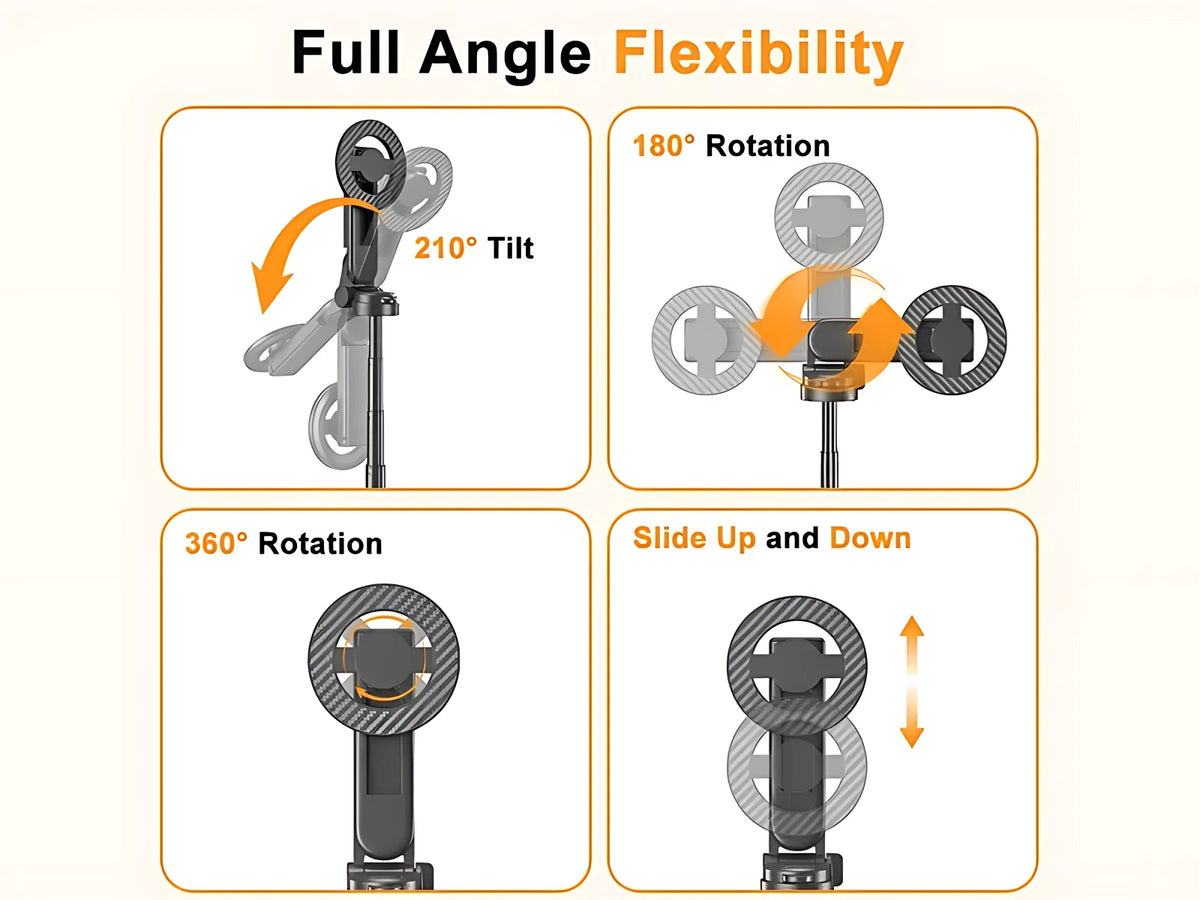Full angle flexibility diagram demonstrating 215-degree tilt, 180-degree rotation, and 360-degree swivel for magnetic phone mount.