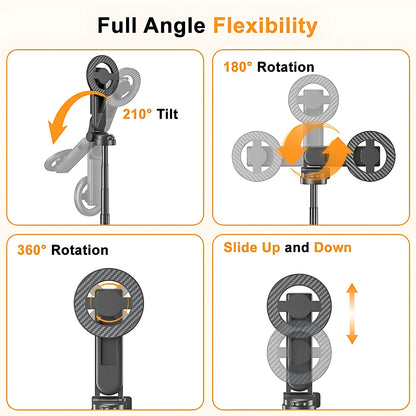Full angle flexibility diagram illustrating 215-degree tilt, 180-degree rotation, and 360-degree swivel adjustment for magnetic mount.