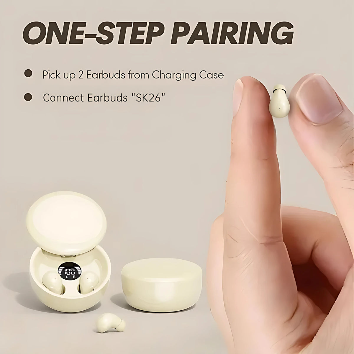 Hand holding a tiny invisible Bluetooth earbud showing easy one-step instant pairing with mobile devices.