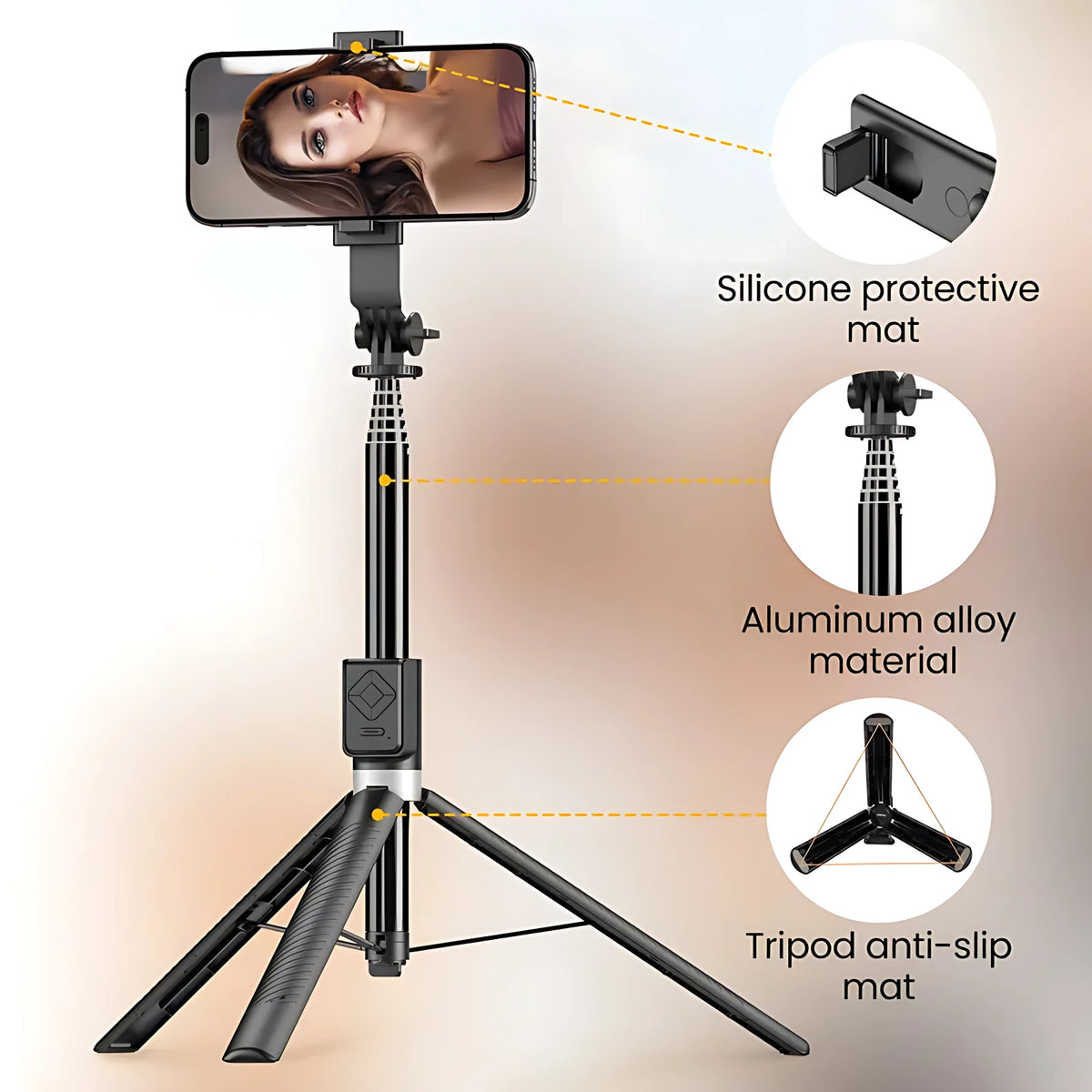 Heavy-duty aluminum alloy phone tripod stand with non-slip rubber feet and silicone protective pads for stable mounting.