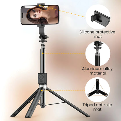 Heavy-duty aluminum alloy phone tripod stand with non-slip rubber feet and silicone protective pads for stable mounting.