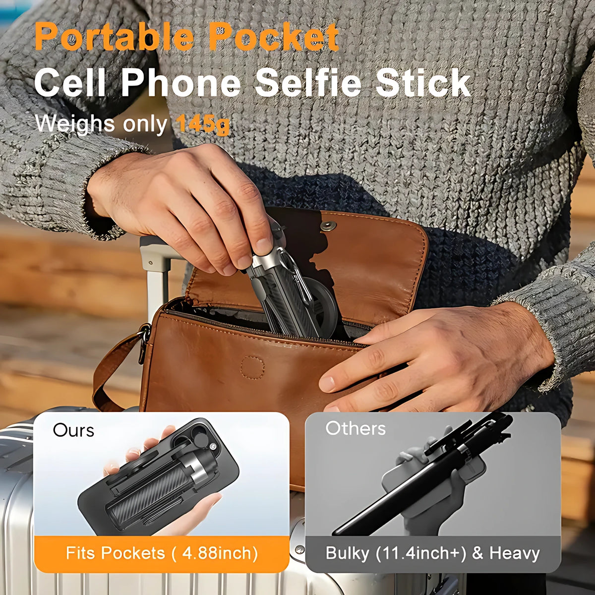 Lightweight pocket-sized magnetic phone selfie stick fitting easily into a leather crossbody bag for travel.