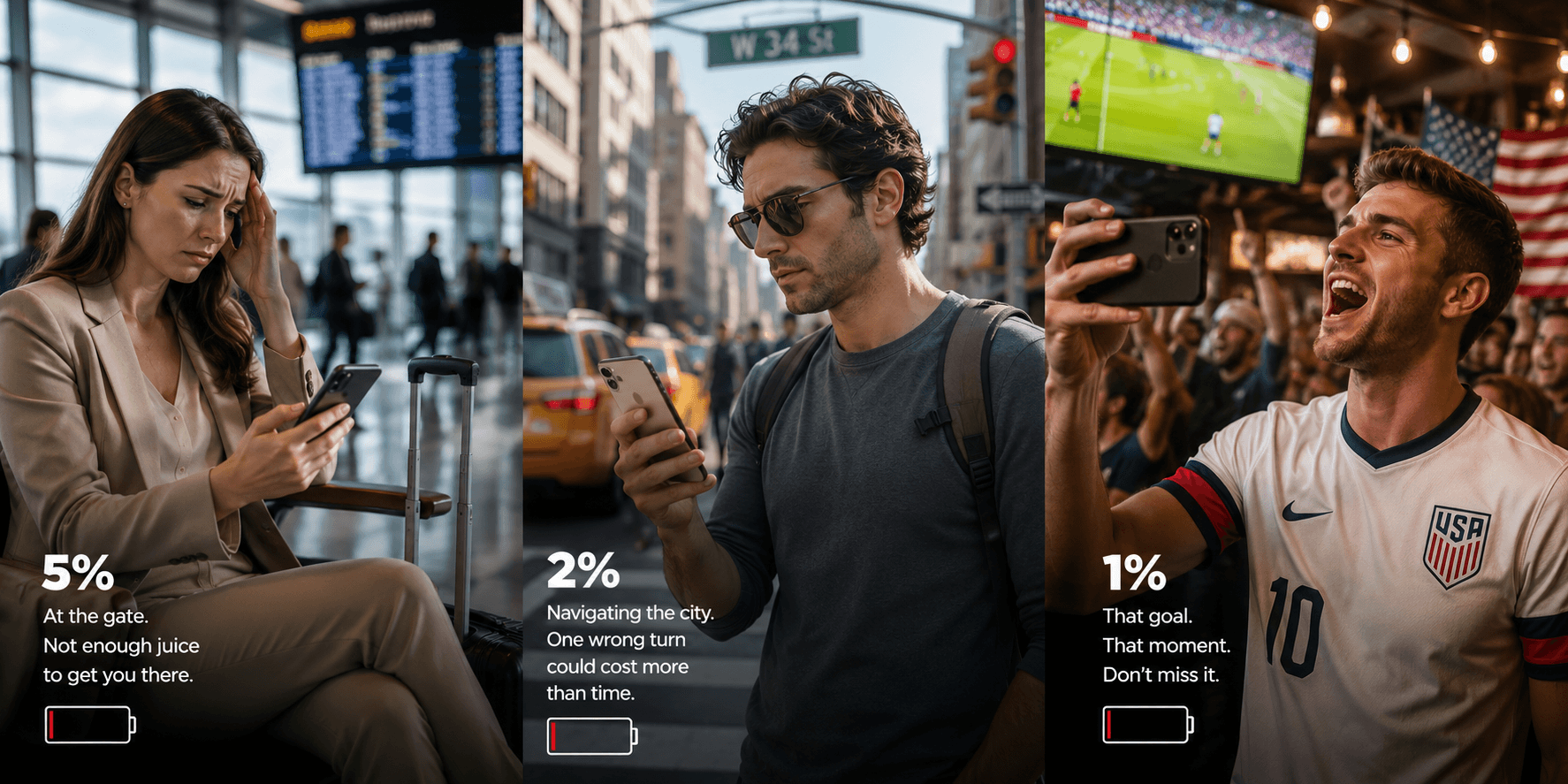 Travelers, commuters, and sports fans facing low battery situations while using their iPhones, highlighting the importance of staying charged during everyday adventures.