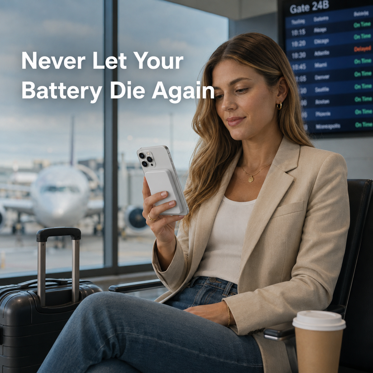 Ultra-Slim MagSafe Power Bank for iPhone at Airport Travel Scene